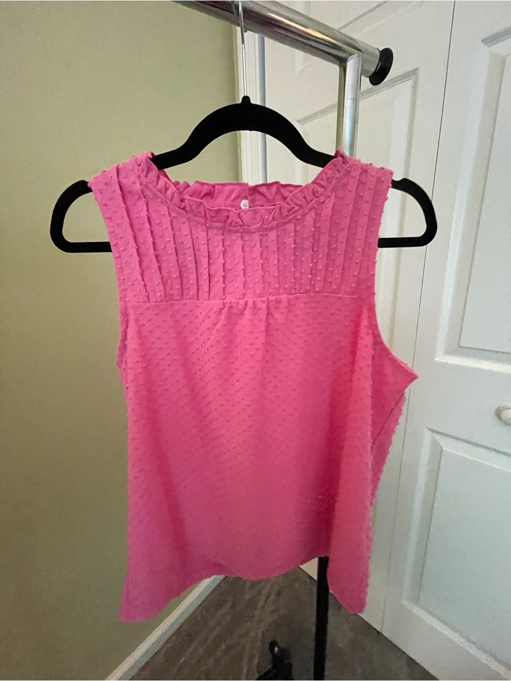 J Crew Pink Swiss Dot Ruffle Neck Top